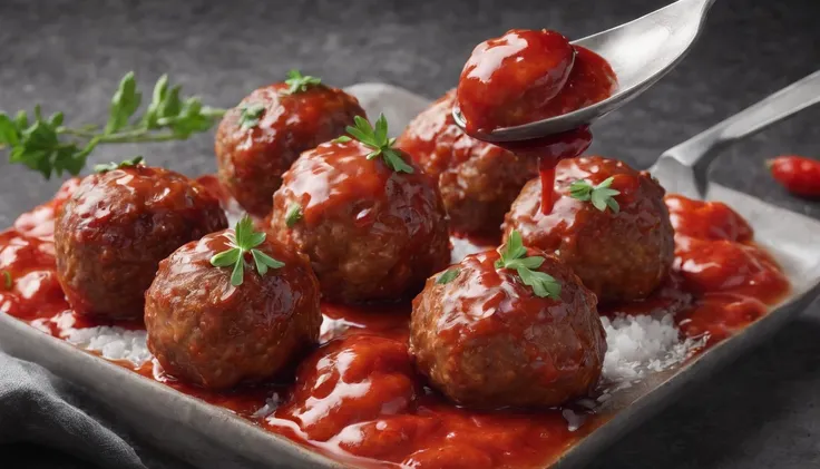 meatball with spoon and ketchup