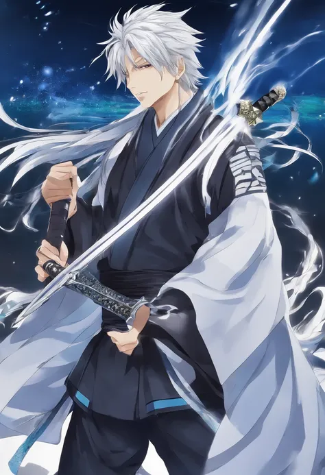 Anime Picture Gekkadan, Kusanagi, Black Hair, White Mesh, Sword Bearer, Man Long Ponytail, Samurai, Wind, Blue Yokata, Handsome Hair, One White Hair, Japanese Uniform, Holding a Sword