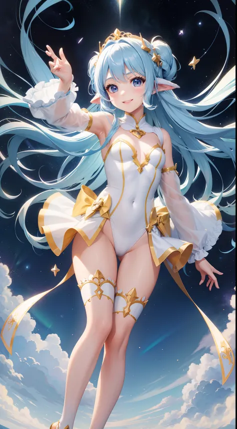 Super Idol　Little Beautiful Girl　A charming smile　sky blue hair　length hair　Twin-tailed　Bright yellow and white leotard outfit　Mystical　Fantasia　constellation　a moon　Crystal Brilliance　Aurora Borealis in the Night Sky