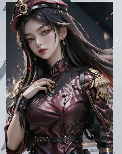 A girl, Dark blur dress, Detailed eyes, Frontal capture, Unreal Engine 5，Military uniform temptation，Military uniforms,Skirt that wraps hips，Wear a military cap，Red clothes，Metal ornaments，Anterior convex and posterior,red tint，Supermodel figure