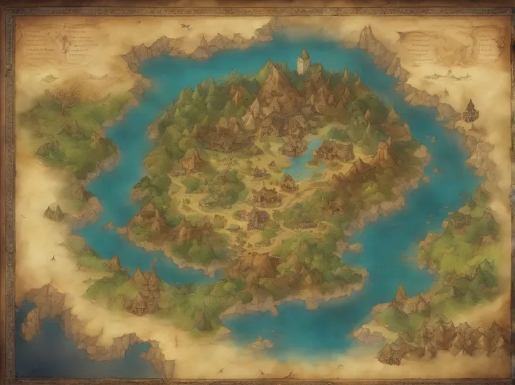 Aerial view taken from top to bottom directly from the drone, Parchment map of the mysterious continent, (Huge dark magic roots sprout from the West:1.2), (Black necrotic magic in the air:1.2), Fire, Ice and thunder, dungeons and dragons, Final Fantasy, Ga...