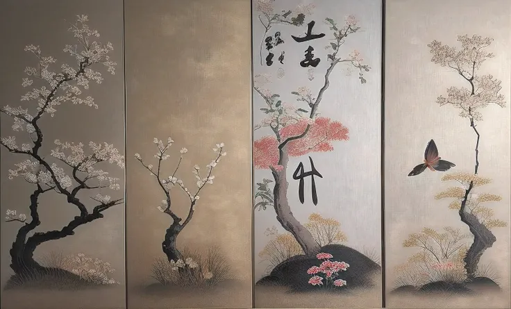 Three oriental drawing panels，There are flowers and trees on it, Japanese style painting, gold leaf painting, Chinese painting style, author：Gu An, author：Gu Wenxiang, author：Asainaka, Gold leaf art, author：Li Di, author：Wen Boren, author：Kan Lee, author：M...