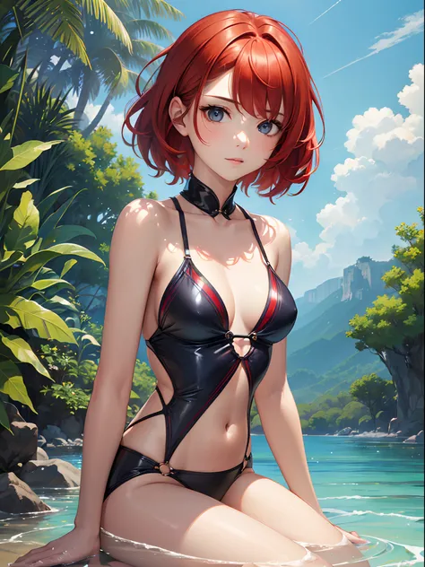 ((Finest quality)),(超A high resolution),(ultra-detailliert),(Meticulous portrayal),((Best CG)),(Finest works of art),Ultra-Precision Art,The art of astounding depiction, (1人の女性:1.5),(Red hair:1.5,short-cut:1.5),((small tits)),Swimsuit 1.3, reefs,tropical f...