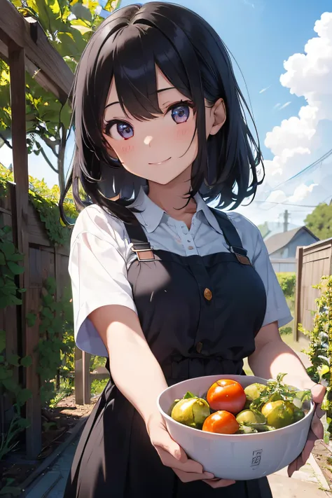 Super masterpiece, The most detailed, top-quality, in 8K, the perfect appearance, Woman growing tomatoes in the garden, 17 age, beautiful countenance, Shining eyes, shining black hair, a smile, blue-sky, Ripe tomatoes,  Cowboy Shot,