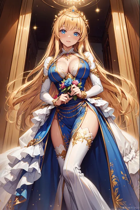 The best princess，Enchanted，opulent，Being in love，divino，((A princess wears a gorgeous golden sparkling princess dress and a voluminous skirt)),((blingbling)),Detailed face and eyes,((Very Long voluminous Hair)),gorgeous embroidery and lace,((Gorgeous cors...