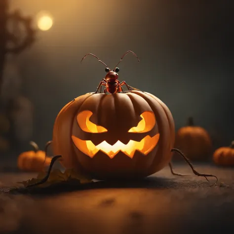 An ant lying on a Halloween pumpkin，in a panoramic view，（tmasterpiece，best qualityer：1.2），very delicate beautiful，the best lights，The best shadow，depicted as a 3 d render, stylized as a 3d render, stylized 3d render