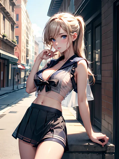 (((toppless))), (((sheer sailor  shirt , Sleeveless ))), (((Show off  cleavage))), (((Large breasts))), (((Open front))), (((Sheer Micro Mini Skirt))), Detailed beautiful eyes, (((Sunny))), extremely detailed CG unified 8k wallpaper, very fine 8KCG wallpap...