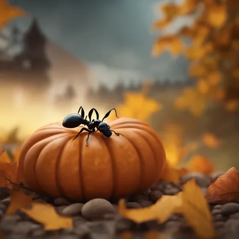 An ant lying on a Halloween pumpkin，in a panoramic view，（tmasterpiece，best qualityer：1.2），very delicate beautiful，the best lights，The best shadow，depicted as a 3 d render, stylized as a 3d render, stylized 3d render