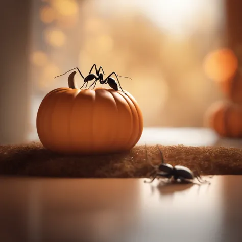 An ant lying on a Halloween pumpkin，in a panoramic view，（tmasterpiece，best qualityer：1.2），very delicate beautiful，the best lights，The best shadow，depicted as a 3 d render, stylized as a 3d render, stylized 3d render