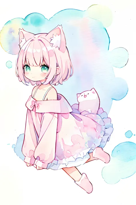 cat, fullbody,1 girl,
(pastel color:1.5),(cute illustration:1.5),(watercolor:1.2),white back ground,