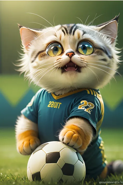 A round-eyed cute cat, Wear a football jersey, Play soccer on the grass field..