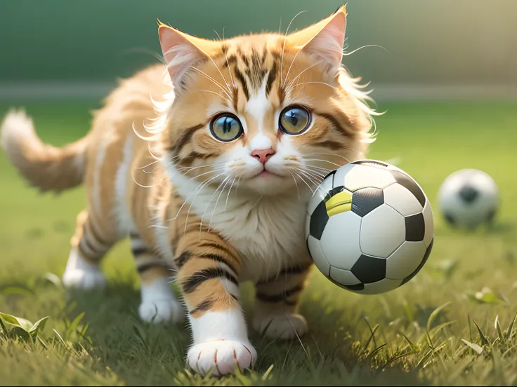 A round-eyed cute cat, Wear a football jersey, Play soccer on the grass field..