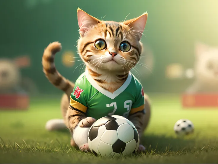 A round-eyed cute cat, Wear a football jersey, Play soccer on the grass field..