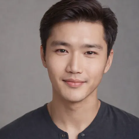 (photo: 1.3) af (realistic: 1.3), east asian man, soft light, clear face, happy, cheerful,warm light, ((gray-white gradient background)), (background)). ((gray wall background)) avatar, (long or short hair), smile, handsome, young,, short hair, smile, ((ma...