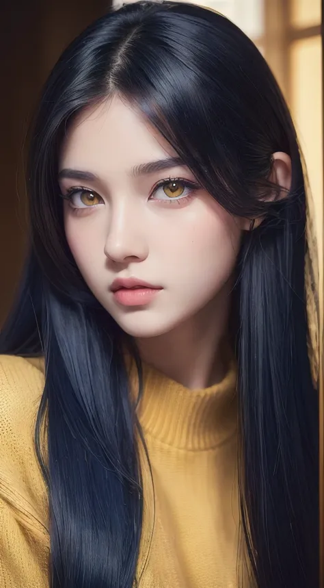 (masterpiece:1.3), (8k, photorealistic, RAW photo, best quality: 1.4), (1girl), beautiful face, (realistic face), (long blue hair), beautiful hairstyle, realistic eyes, beautiful detailed eyes ((yellow eyes)), (realistic skin), beautiful skin, (sweater), a...