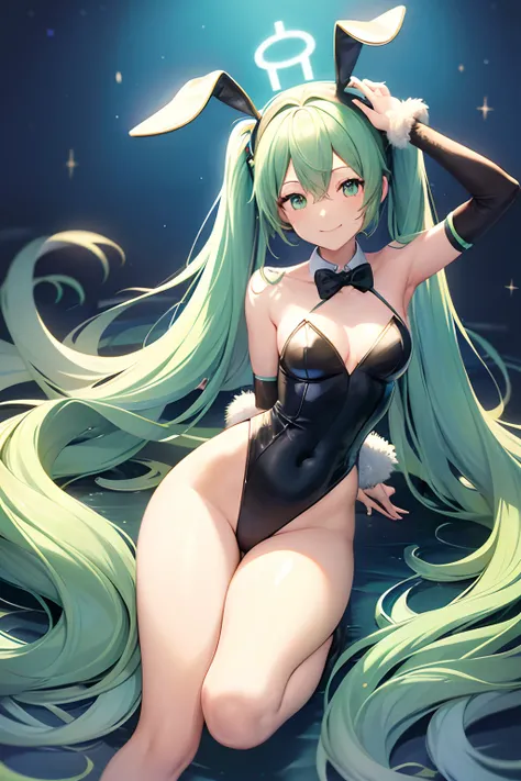 Anime, 1girl in, (hatsune_Miku), Long hair, Green hair, hair adornments, Smile, Pose , Blue Bunny Costume, Bunny ears, Rabbit tail, Bare shoulders, Strapless, thighs thighs thighs thighs, Glittering backgrounds