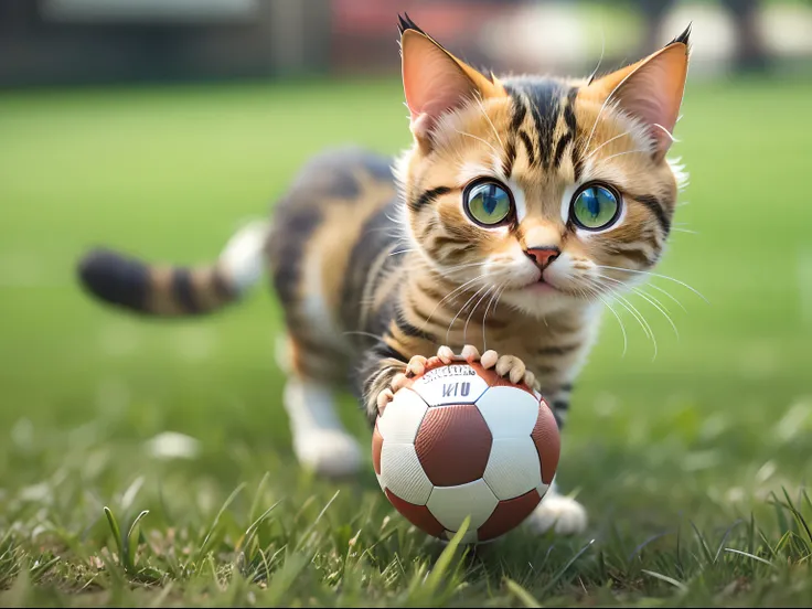 A round-eyed cute cat, Wear a football jersey, Run and play football on the grass field..