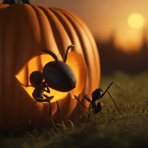 An ant lying on a Halloween pumpkin，in a panoramic view，（tmasterpiece，best qualityer：1.2），very delicate beautiful，the best lights，The best shadow，depicted as a 3 d render, stylized as a 3d render, stylized 3d render