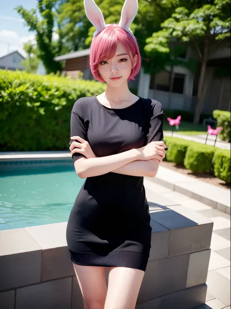 Pink short cut hair、Black knitted sweater、Pink short cut hair，(8K, top-quality, ​masterpiece:1.2), (realisitic, Photorealsitic:1.37), ultra-detailliert, 1 girl in, full body Esbian, rain is falling, outdoor bath(Adjusted hair:1.5) white t-shirts、Skinny Jea...