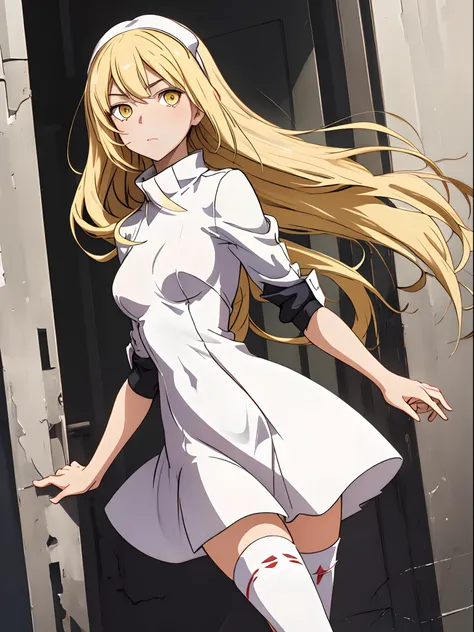 ais, 1girl, solo, blonde hair, long hair, straight hair, thighhighs, dress, yellow eyes, white dress, medium breasts,