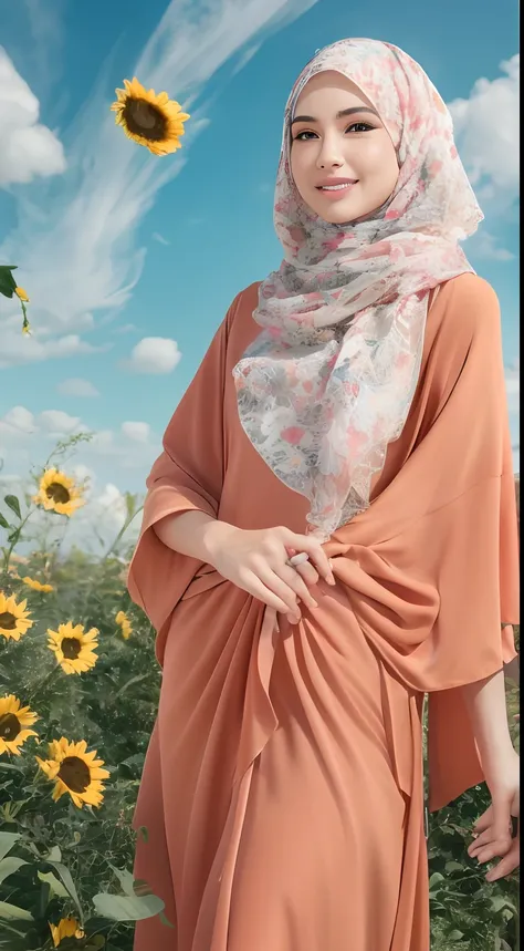 Malay girl in long hijab wear baju kurung, pastel color, walking in sunflower field, windy, blown her hijab, front view, detail skin, detail skin texture, mole below eyes, small breast, wide hips, small waist, thick thigh, slim abs, beautiful body, sunrise...