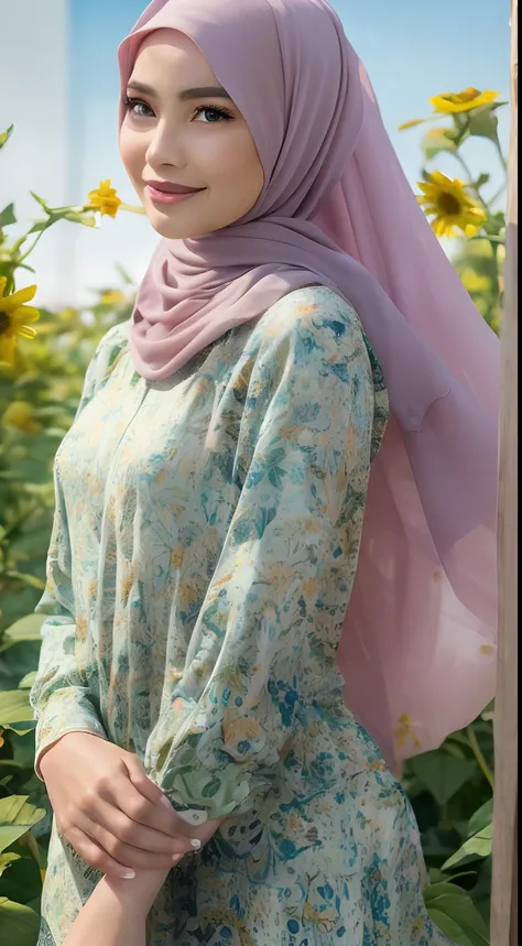 Malay girl in long hijab wear baju kurung, pastel color, walking in sunflower field, windy, blown her hijab, front view, detail skin, detail skin texture, mole below eyes, small breast, wide hips, small waist, thick thigh, slim abs, beautiful body, sunrise...