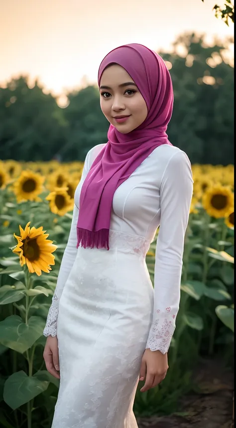 malay girl in long hijab wear baju kebaya, pastel color, walking in sunflower field, windy, blown her hijab, front view, detail ...