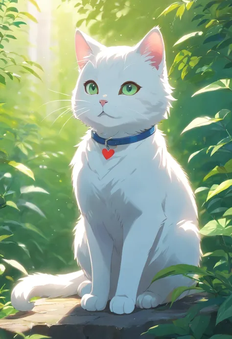 a white cat with a heart in its paws sitting on a branch, vector art by Martina Krupičková, shutterstock, process art, a cute cat, kawaii cat, cute cat, cat design, illustration of a cat, happy cat, anime visual of a cute cat, cute digital art, fluffy cat ...