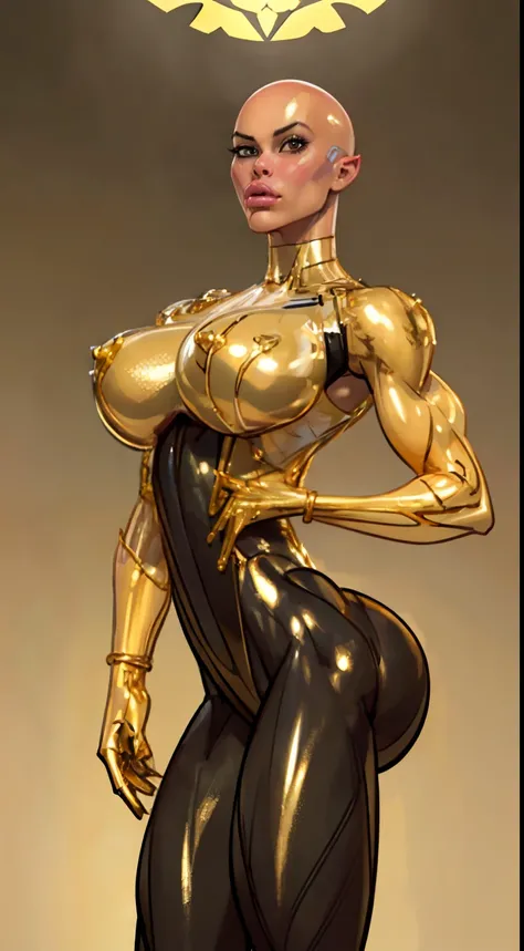 8k ((long neck:1.5))((full body view))((view from below:1.5)),(large eyes:1.3), defined cheekbones, looking back, ((the pit style:1.4))((sleek gold bodysuit:1.6)) ((intricate translucent details:1.4))detailed face:1.5), translucent skin,(puffy lips:1.5) (t...