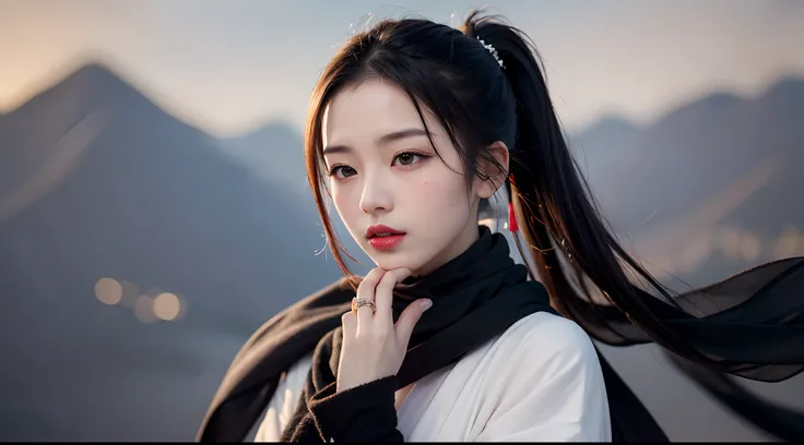 (highest image quality), (masterpiece), (vibrant, photography realistic, Realistic, Dramatic, Dark, Sharp focus, 8K), (a young girl standing in fighting), ((ponytail)), (eye hidden by black scarf:1.5) white chinese costume, white and black hanfu, ((Taoist ...