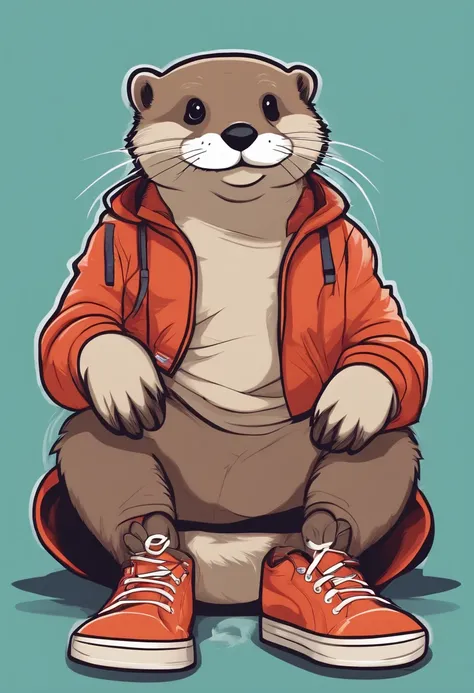 otter with shoes, cute, street fashion, flat color, vector, cartoon, detail, fashion and design, sticker design, sitting on ground, full body potrait