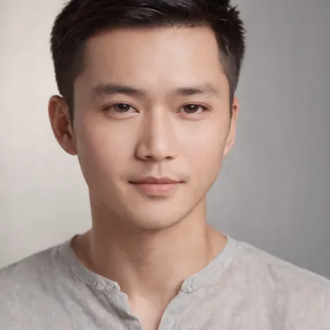 (photo: 1.3) af (realistic: 1.3), East Asian man, soft light, clear face, cheerful, warm light, ((gray-white gradient background)), (background)). ((gray wall background)) avatar, (short hair), handsome, young,, short hair, ((macro photography))