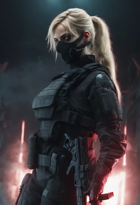 Beautiful Young Special Forces Girl, (((Glowing Eyes, Blonde Hair, Ponytail))), (((Wearing black special forces equipment, Body Armour, Tactical Gear, Half Face Tactical Mask))), (((Gun in hand))), full bodyshot, Cyberpunk, neonlight, Futuristic, surrealis...