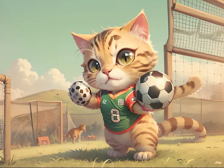 A cute cat with round eyes acts as a goalkeeper, Wear a football jersey, Playing football, The pasture has a dragon gate.