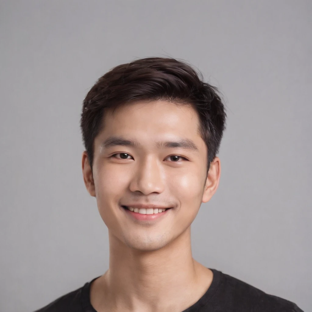 (photo: 1.3) af (realistic: 1.3), East Asian man, soft light, clear face, cheerful, warm light, ((gray-white gradient background)), smile, (background)). ((gray wall background)) avatar, (short hair), handsome, young,, short hair, ((upper body))