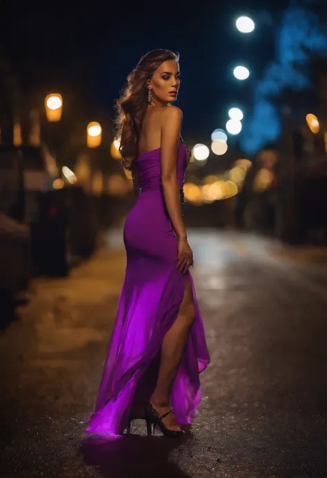 full body photographed from the front beautiful woman in airy fluorescent purple dress, high heels, in night party, motion, blue, neon, movement, photo realistic