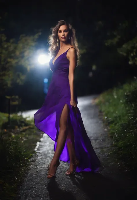 full body photographed from the front beautiful woman in airy fluorescent purple dress, high heels, in night party, motion, blue, neon, movement, photo realistic