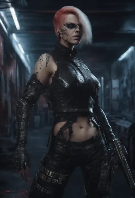 Masterpiece, a beautiful female Bounty Hunter, 1 Mechanical Girl, (Ultra Realistic Details), (cyberpunk city at night background, cyberpunk (((Red outfit, long Cyberpunk Jacket))), strong muscular body, short (((multicoloured hair, undercut))), (((Mechanic...