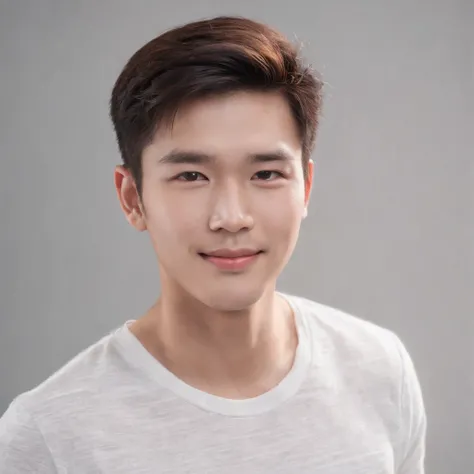 (photo: 1.3) af (realistic: 1.3), East Asian man, soft light, clear face, ((white T-shirt)), cheerful, warm light, ((gray-white gradient background)), smile, (background)). ((gray wall background)) avatar, (short hair), handsome, young,, short hair, ((uppe...