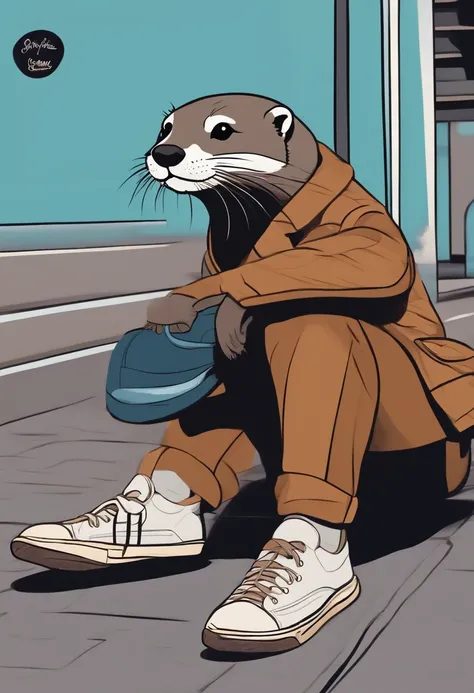 otter with shoes, street fashion, flat color, vector, cartoon, detail, fashion and design, sticker design, laying on ground, full body potrait, fashion king perfect lighting