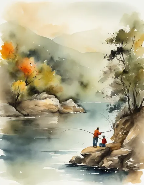 A father and son fishing, chinese ink brush