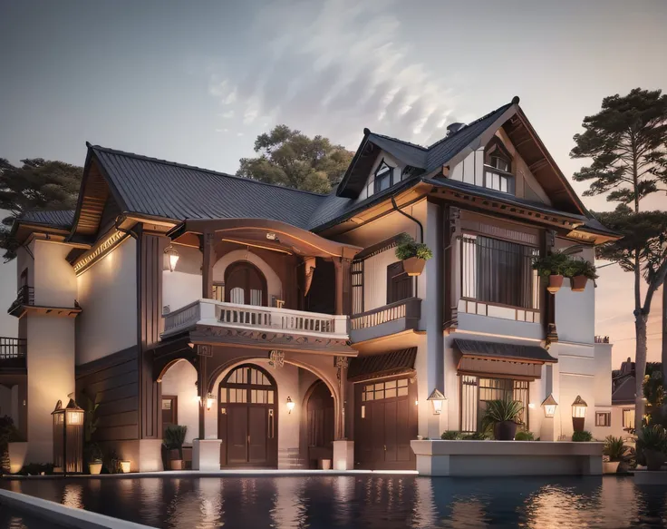 rendering of two-story house with balcony and balcony, architectural rendering, architectural 3 d rendering, architectural rendering, very detailed illustration, very detailed illustration.”, sketching, cg rendering, architectural visualization, front view...