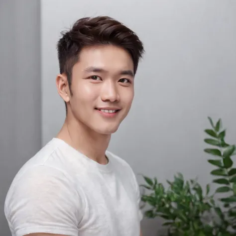 (Photo: 1.3) af (realistic: 1.3), East Asian man, soft light, clear face, front, ((white T-shirt)), cheerful, warm light, ((gray-white gradient background)), smile, (background)) . ((gray wall background)) avatar, (short hair), handsome, young,, short hair...