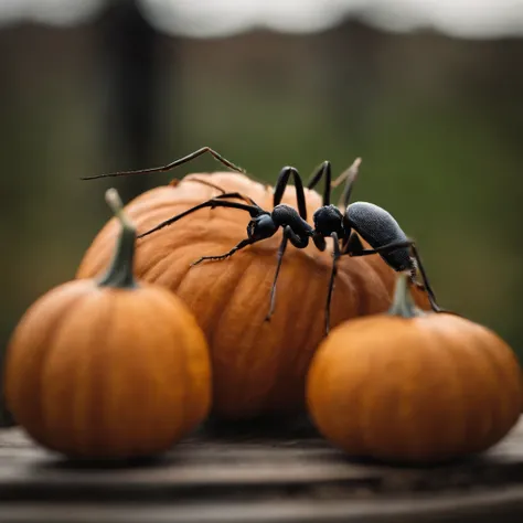 An ant lying on a Halloween pumpkin，in a panoramic view，（tmasterpiece，best qualityer：1.2），very delicate beautiful，the best lights，The best shadow，depicted as a 3 d render, stylized as a 3d render, stylized 3d render