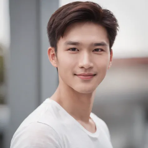 (photo: 1.3) af (realistic: 1.3), East Asian man, soft light, clear face, ((white T-shirt)), cheerful, warm light, ((gray-white gradient background)), smile, (background)). ((gray wall background)) avatar, (short hair), handsome, young,, short hair, ((lose...