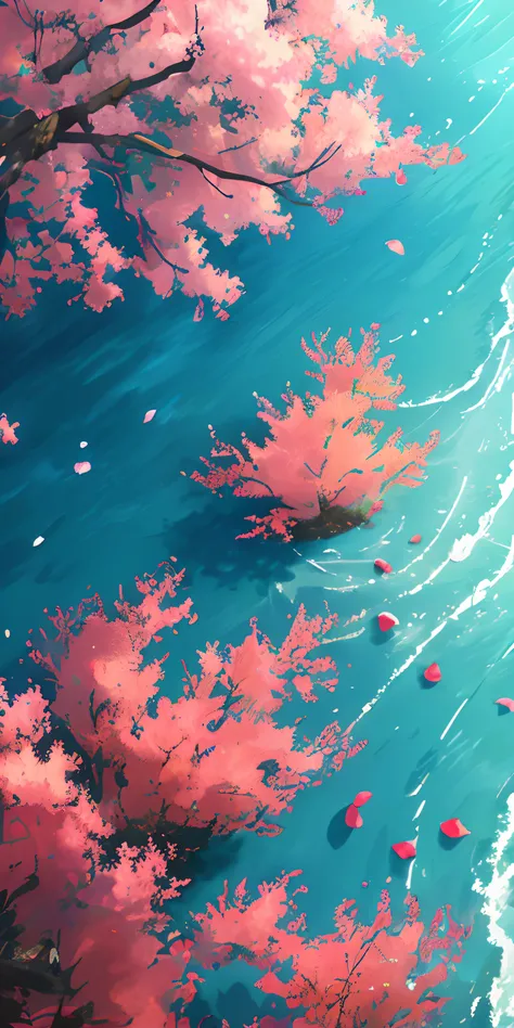 Lots of pink & black petals，master masterpiece，bestbestquality，（Very detailed CG unity 8k wallpaper）（bestbestquality），（best illustrations），（Best shadow）natural,，Blue sea，Delicate leaves of various colors fall in air light tracking，is super detailed --v6