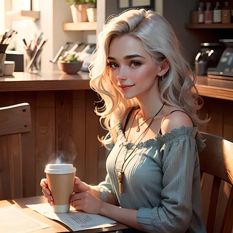 masutepiece, Best Quality,Gentle smile,Eyes facing forward,Woman with a bright impression, Wavy Gray Hair, Ruffled top, Blue dress,necklace on neck, Body, Background with　coffee shop,Sitting across from me and reading,　Holding a coffee cup in one hand