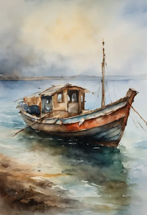 Best Quality, masutepiece, 超A high resolution, (photos realistic:1.4), surrealism, dream-like,fusionart，fishing boat on the sea