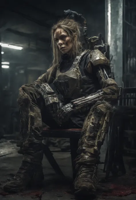 Beautiful hyperrealistic photograph of cute Young Swedish woman with Runic tattoos, ((dirty face Blood splattered)), (((wearing full heavy mecha armor, combat harness, Neon highlights))) Short Red Dreadlocks, (((sitting in chair pose))), interior of Milita...