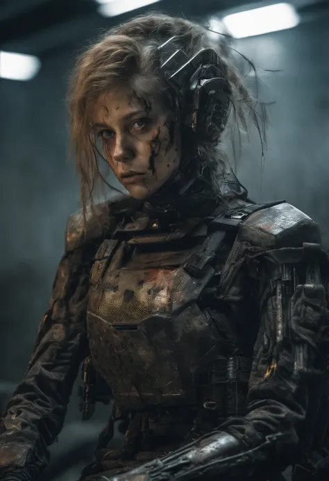 Beautiful hyperrealistic photograph of cute Young Swedish woman with Runic tattoos, ((dirty face Blood splattered)), (((wearing full heavy mecha armor, combat harness, Neon highlights))) Short Red Dreadlocks, (((sitting in chair pose))), interior of Milita...